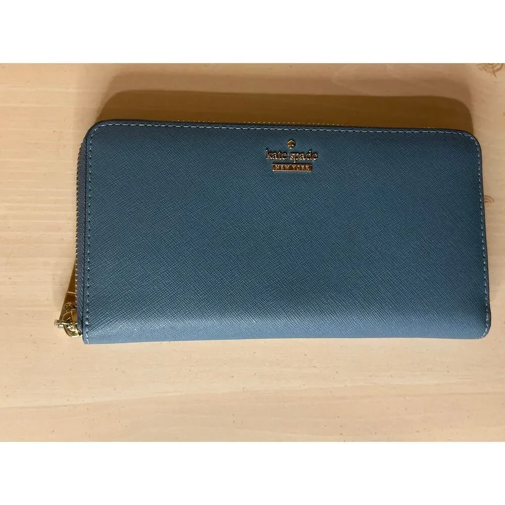 Kate Spade Saffiano Leather Zip Around Continental Wallet Blue Clutch Staci L